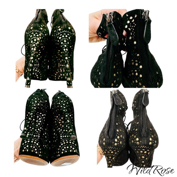 ALAIA AZZEDINE LASER CUT OUT BLACK SUEDE  GLADIATOR BOOTIE HEELS SZ 37.5 - Picture 16 of 17